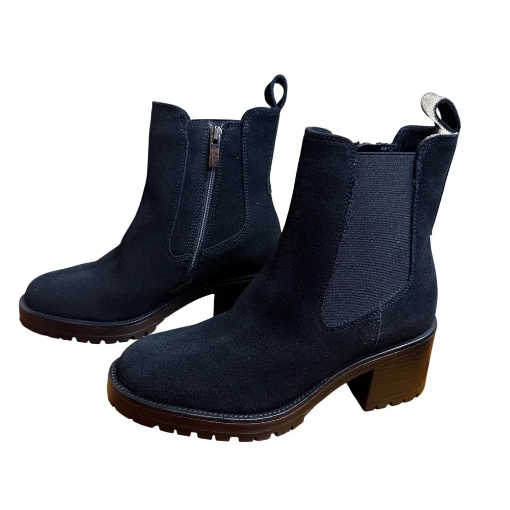La Canadienne Black Wave Suede Ankle Boots Lug Sole Block Heel Zip 6/36